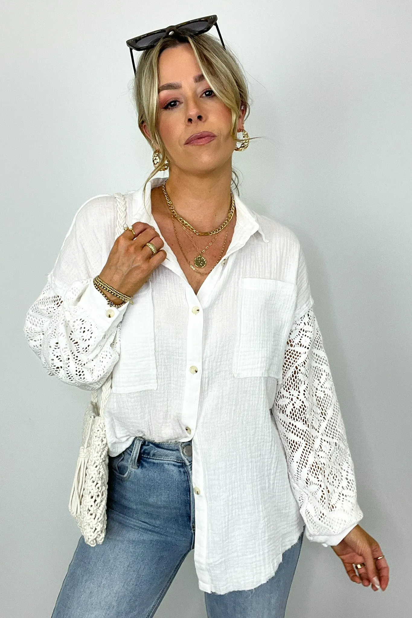 Desiree Crochet Sleeve Button Down Top - FINAL SALE sold by Madison + Mallory