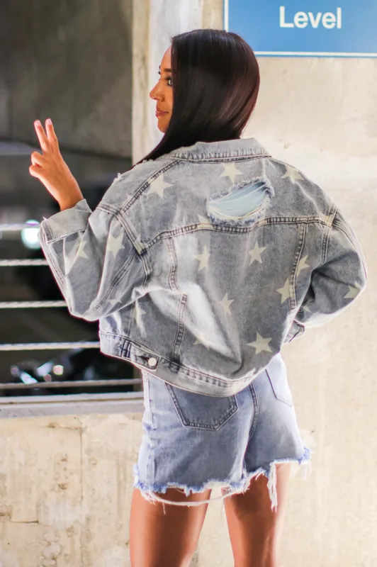 Stars Aligned Distressed Denim Jacket sold by Madison + Mallory