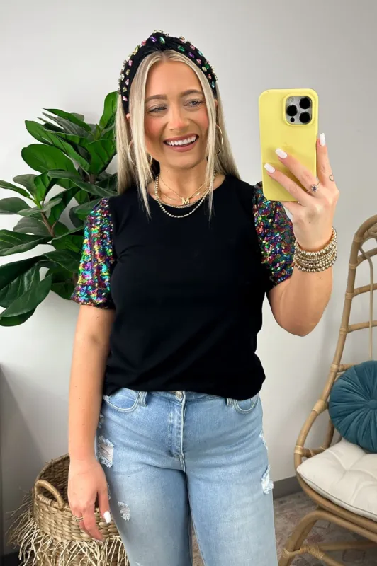 Party Persona Puff Sequin Sleeve Top - FINAL SALE sold by Madison + Mallory