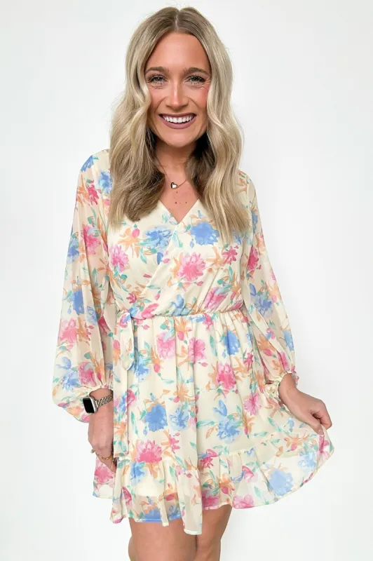 Blissful Charm Floral Surplice Ruffle Dress sold by Madison + Mallory