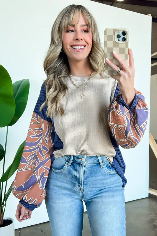 Vivid Beauty Ribbed Floral Contrast Sleeve Top - FINAL SALE sold by Madison + Mallory