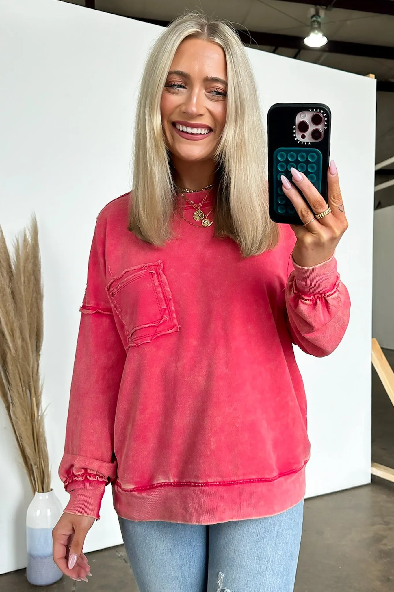 Daily Cozy Acid Wash Raw Edge Pullover - BACK IN STOCK sold by Madison + Mallory product image thumbnail 5