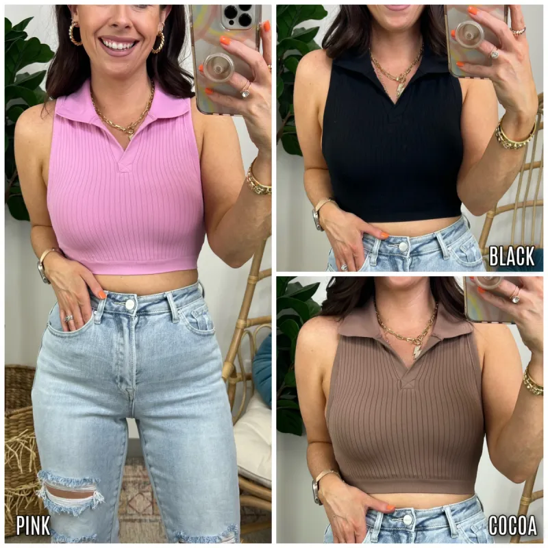 Arlena Sleeveless Polo Cropped Bra Top - FINAL SALE sold by Madison + Mallory