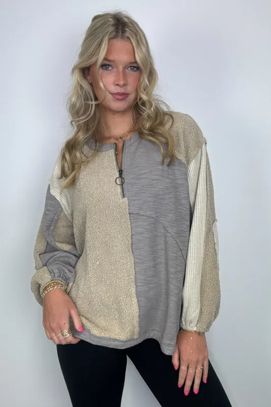 Maren Zip Front Contrast Fleece Pullover sold by Madison + Mallory