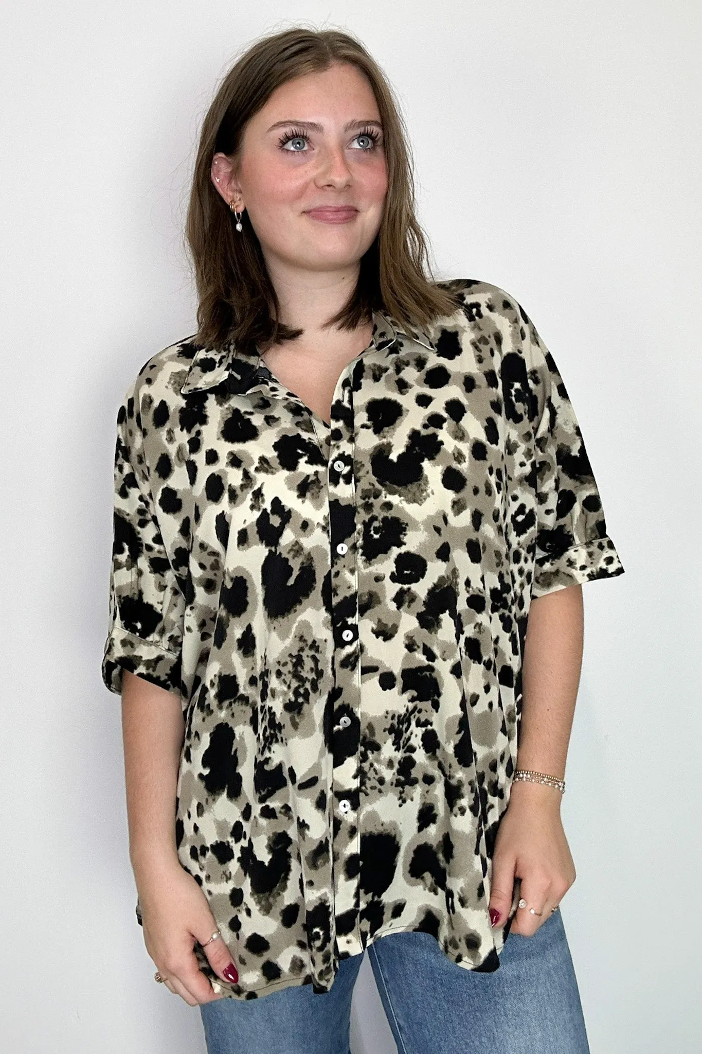 Wild Ease Oversized Animal Print Dolman Button Down Top sold by Madison + Mallory product image thumbnail 3