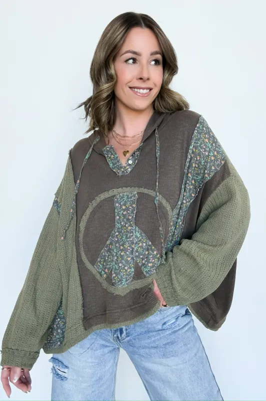 Peace and Love Floral Patch Hooded Pullover sold by Madison + Mallory