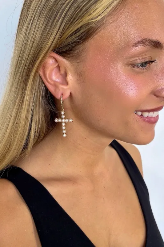 Glamorous Admiration Pearl Cross Hoop Earrings sold by Madison + Mallory
