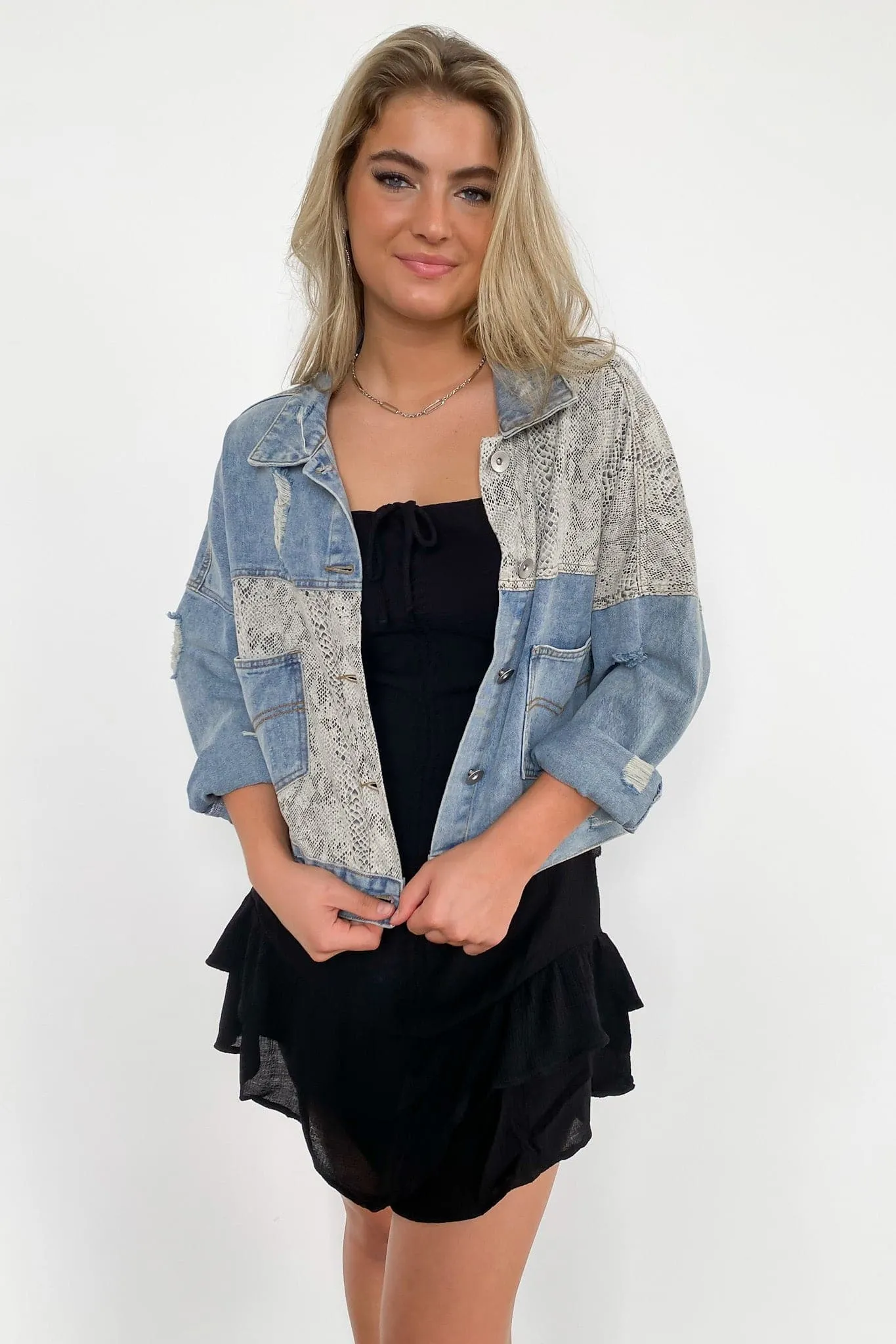 Genuine Confidence Snake Contrast Distressed Denim Jacket - FINAL SALE sold by Madison + Mallory