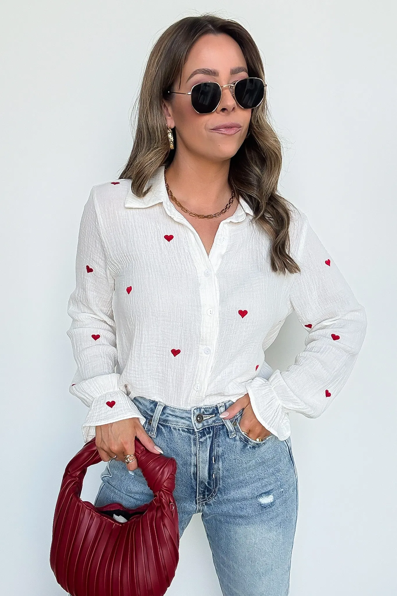 All You Need is Love Heart Embroidered Button Down sold by Madison + Mallory