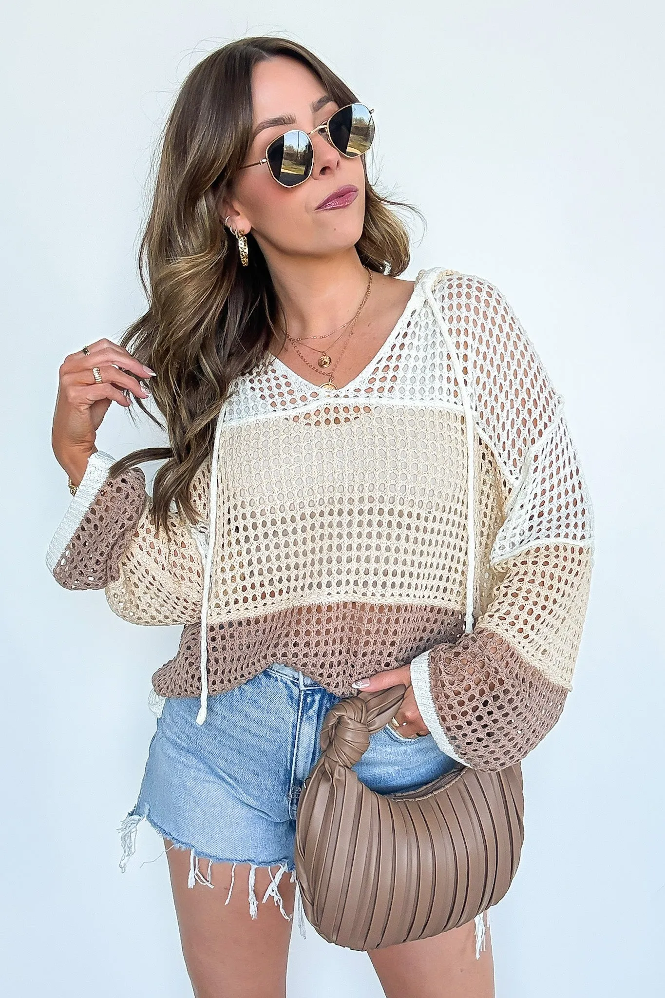 Jenelle Open Knit Color Block Hood Sweater - FINAL SALE sold by Madison + Mallory