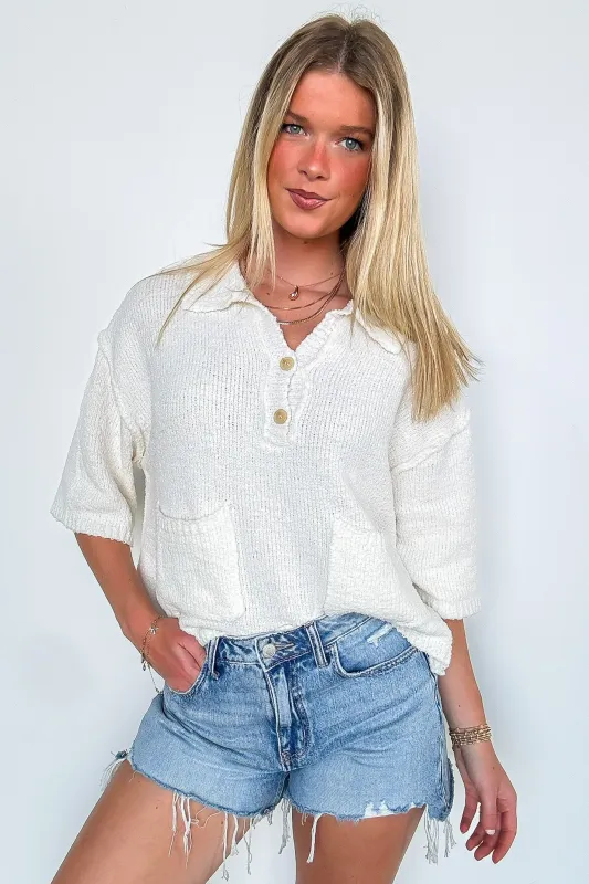 Best Escape Textured Knit Button Detail V-Neck Top - FINAL SALE sold by Madison + Mallory