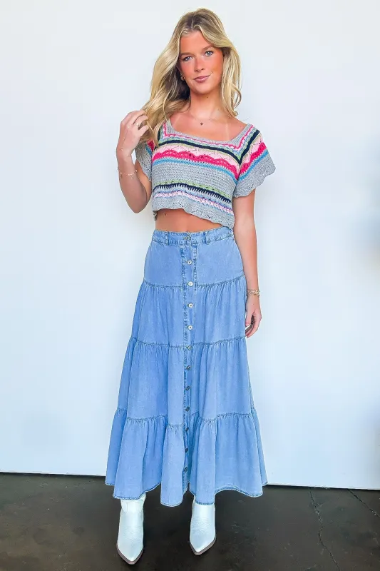 Festival Flair Tiered Button Front Denim Maxi Skirt sold by Madison + Mallory
