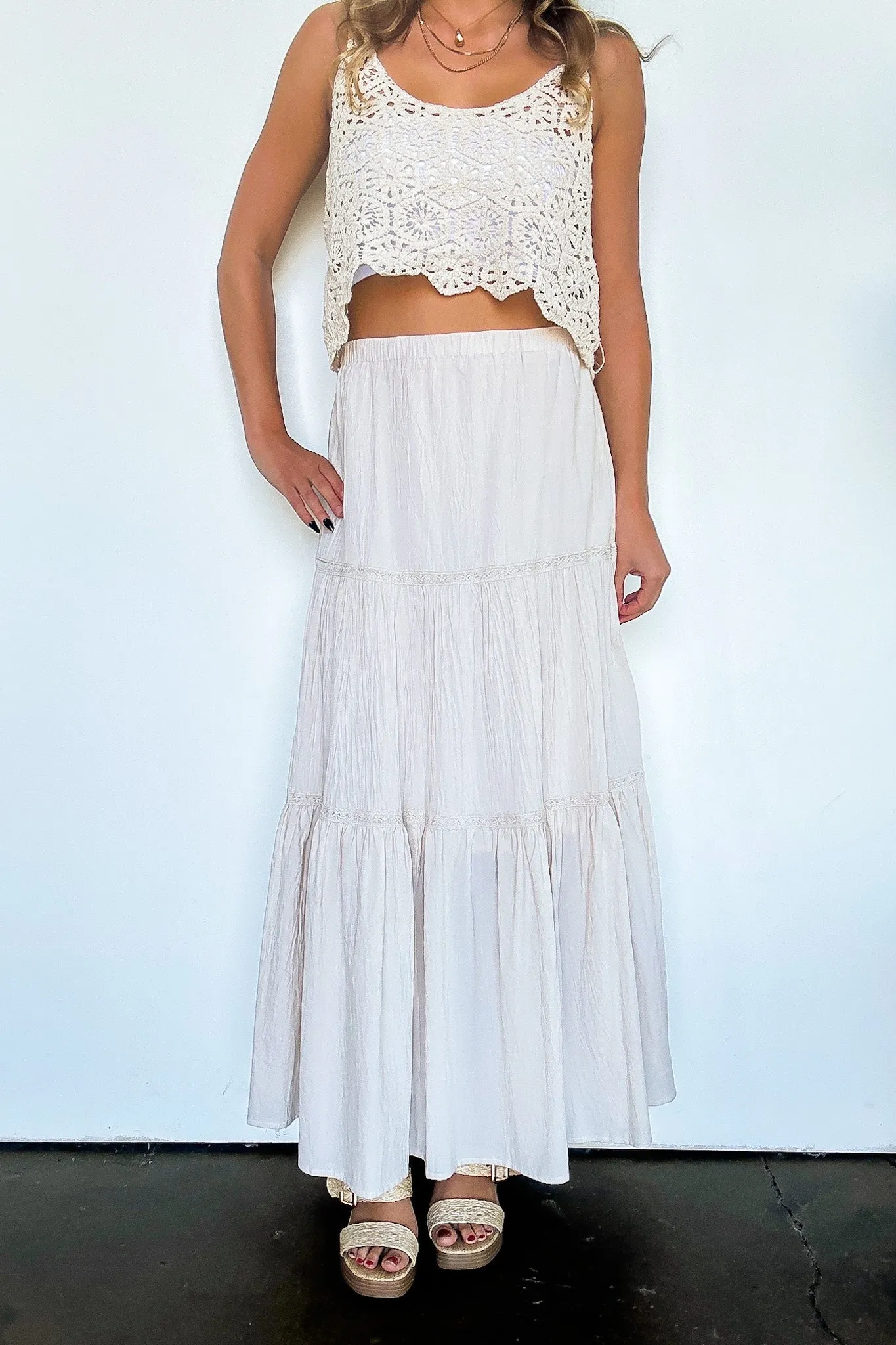 Brooke Crochet Detail Tiered Maxi Skirt - FINAL SALE sold by Madison + Mallory product image thumbnail 2