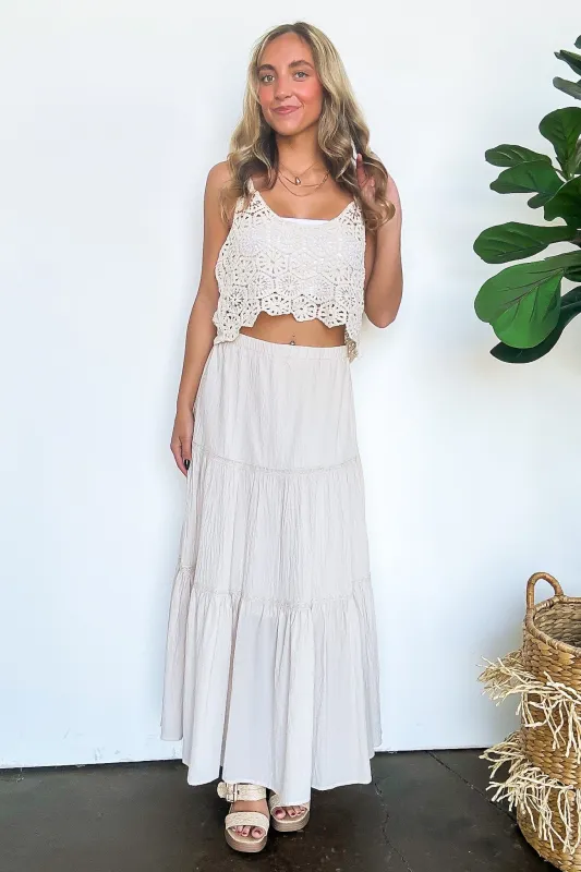 Brooke Crochet Detail Tiered Maxi Skirt sold by Madison + Mallory