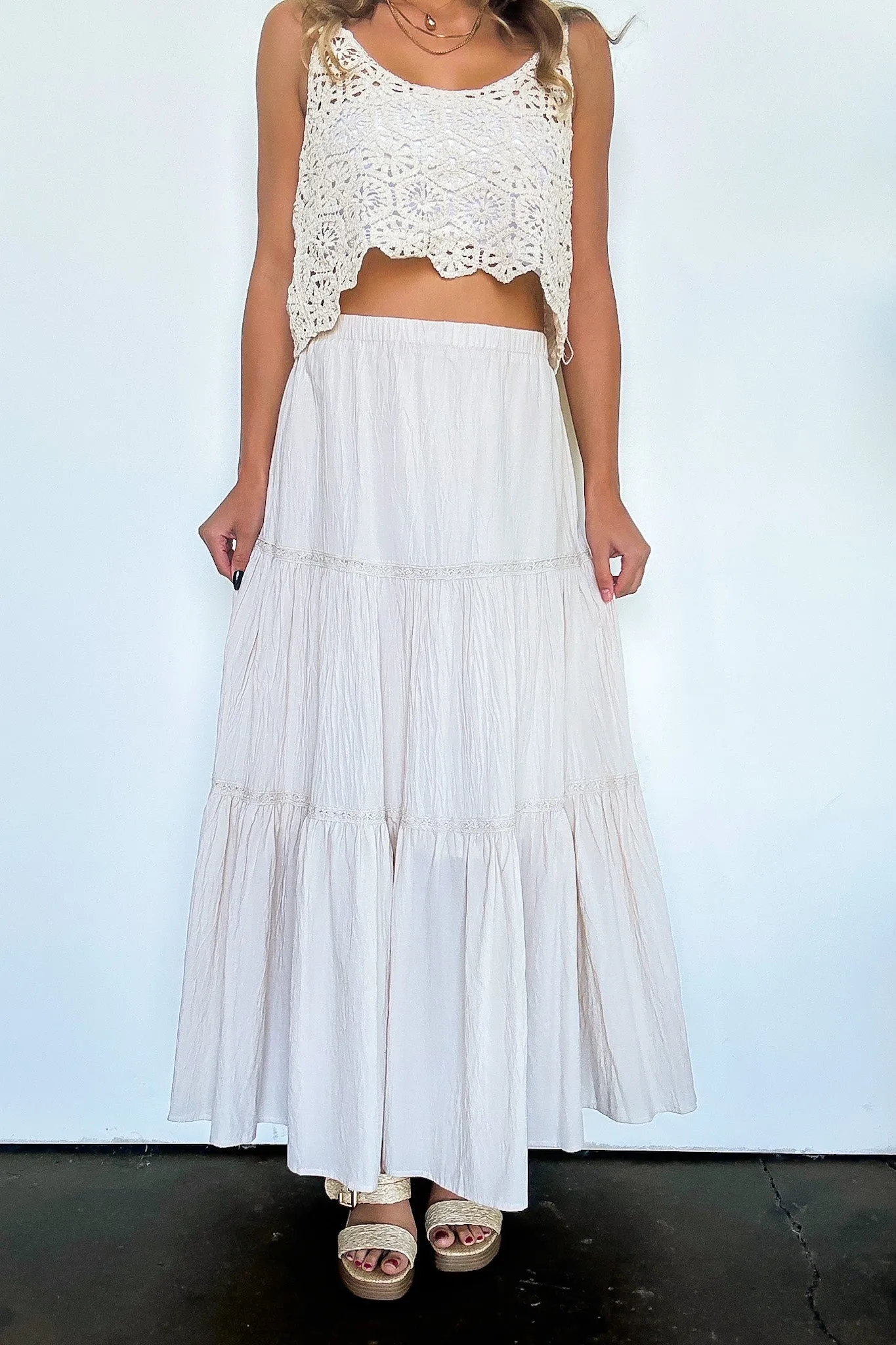 Brooke Crochet Detail Tiered Maxi Skirt - FINAL SALE sold by Madison + Mallory product image thumbnail 5