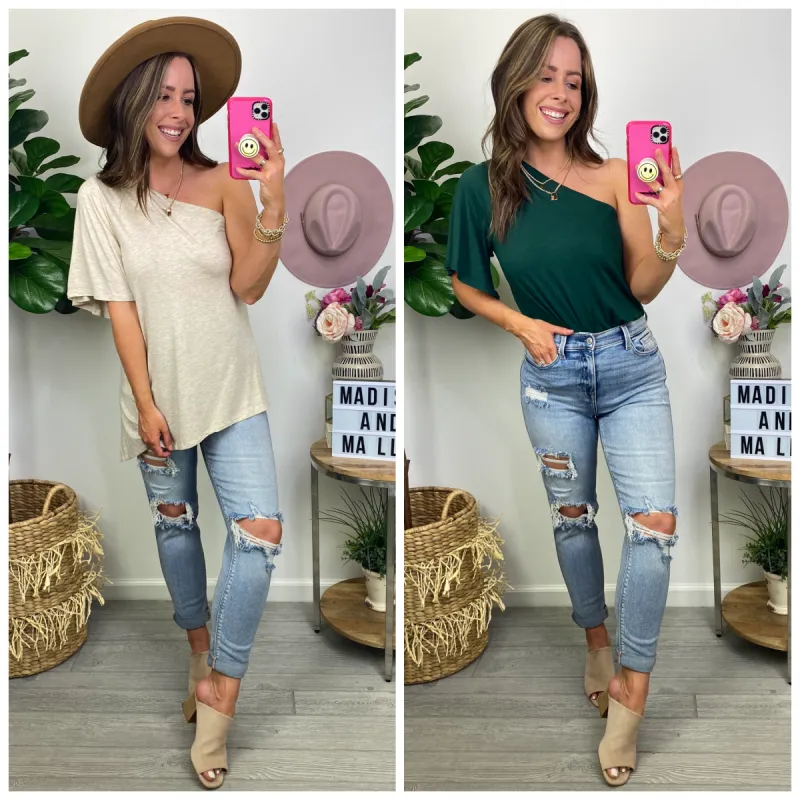 Jalyn One Shoulder Split Hem Top sold by Madison + Mallory