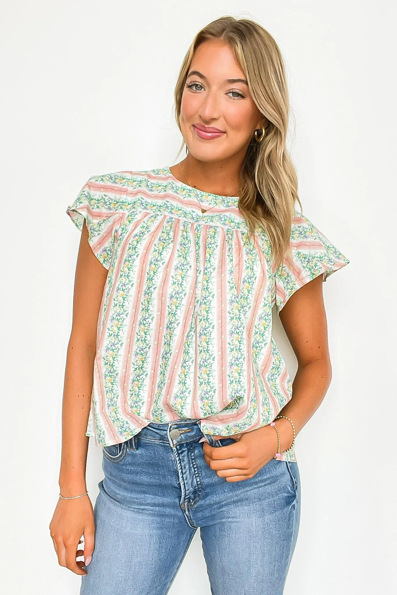 Briena Floral Striped Round Neck Ruffle Sleeves Top - FINAL SALE sold by Madison + Mallory product image thumbnail 3