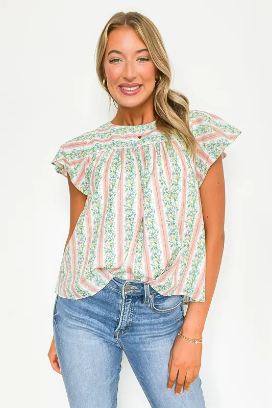 Briena Floral Striped Round Neck Ruffle Sleeves Top sold by Madison + Mallory