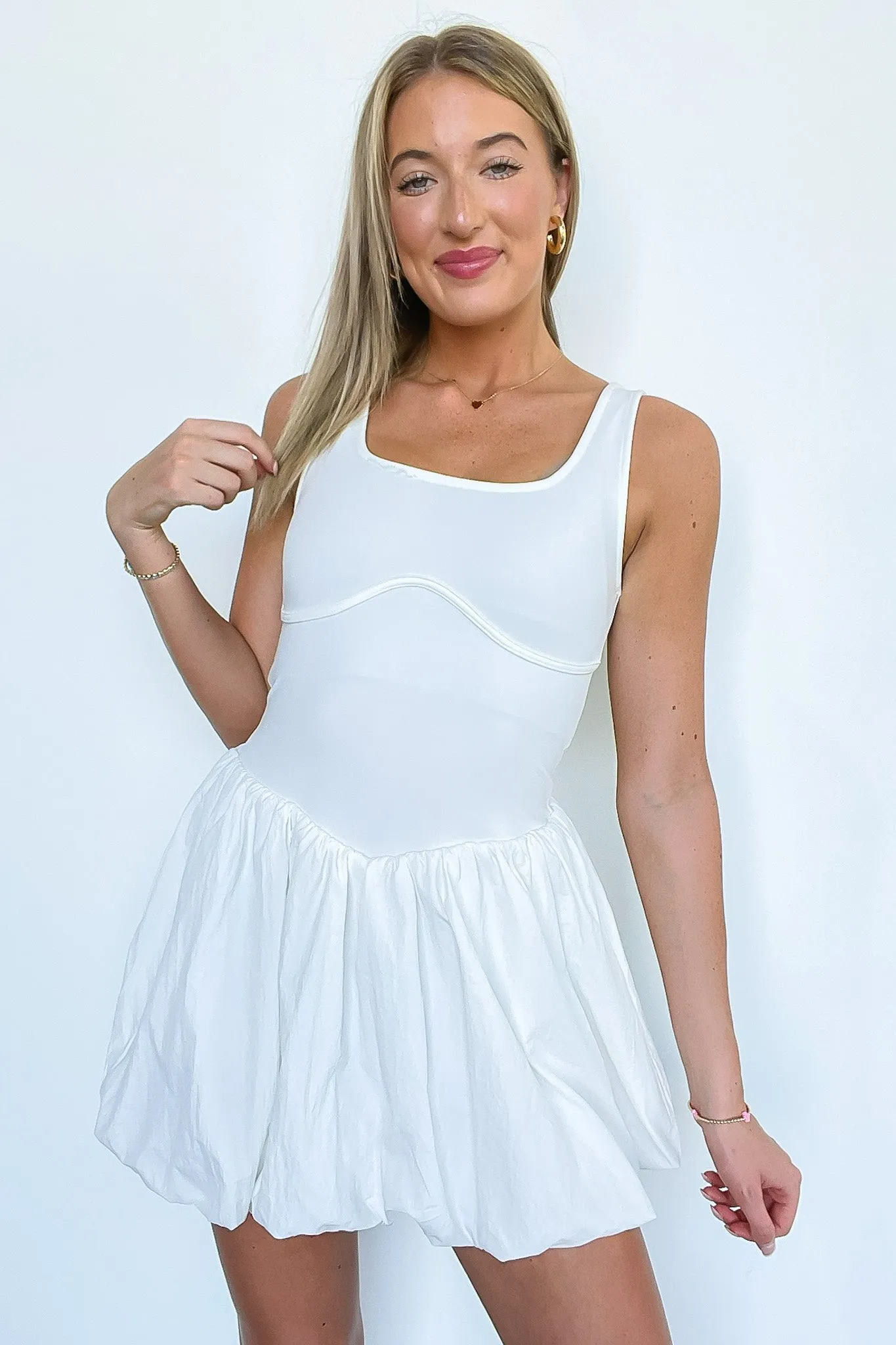 Analeia Bubble Hem Mixed Media Romper - FINAL SALE sold by Madison + Mallory