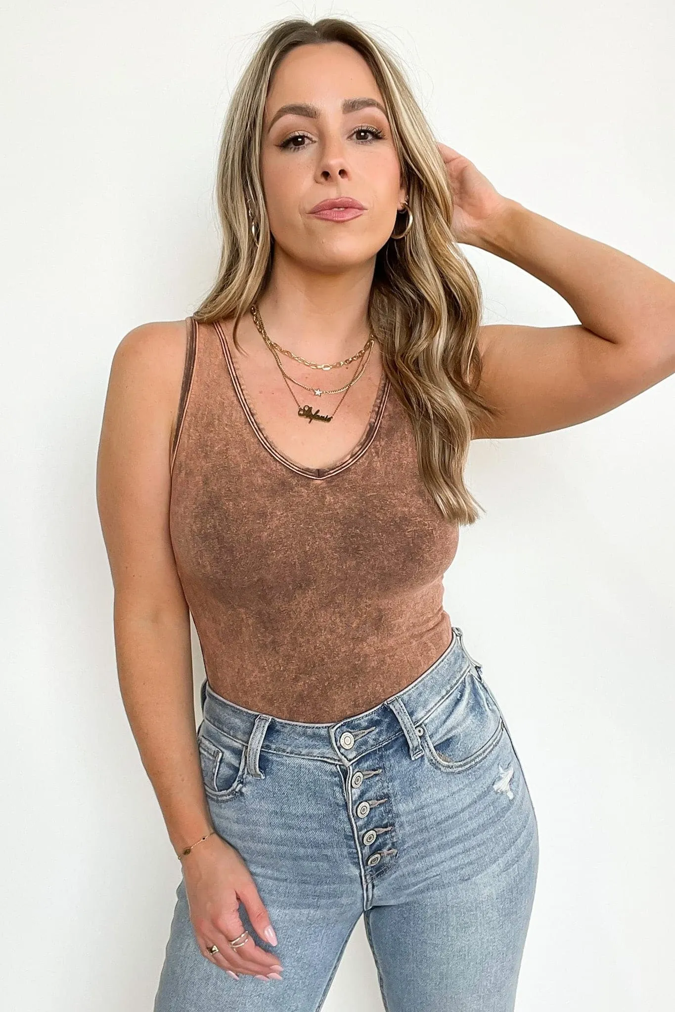 Adellie Acid Wash V-Neck Bodysuit - FINAL SALE sold by Madison + Mallory