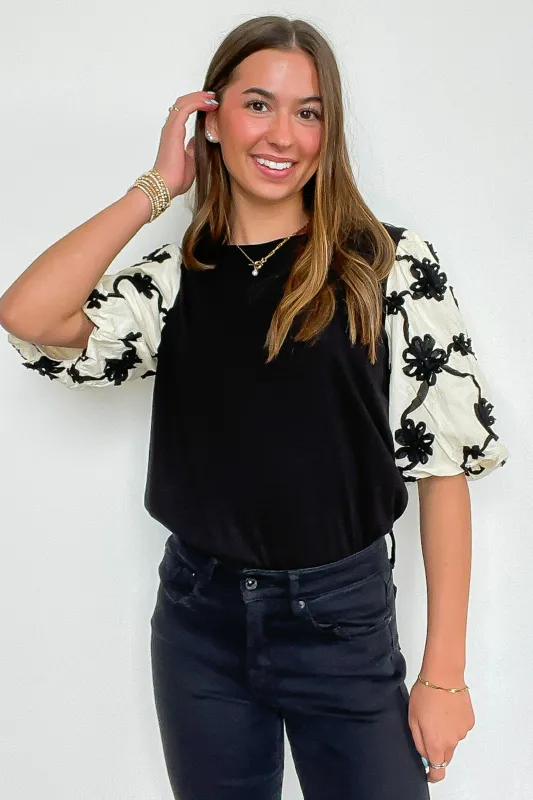 Elarah Mix Media Contrast Embroidered Knit Top sold by Madison + Mallory