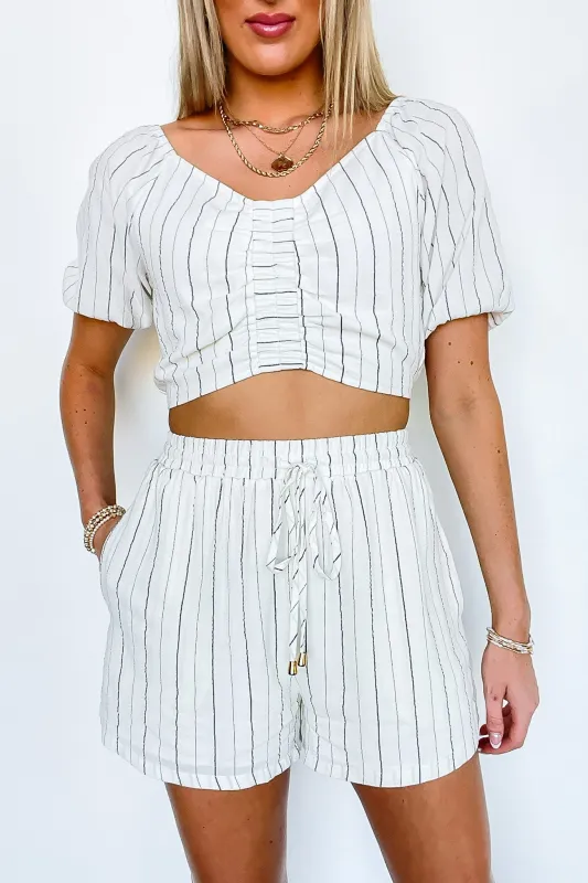 By the Bay Soft Striped Woven Drawstring Shorts sold by Madison + Mallory