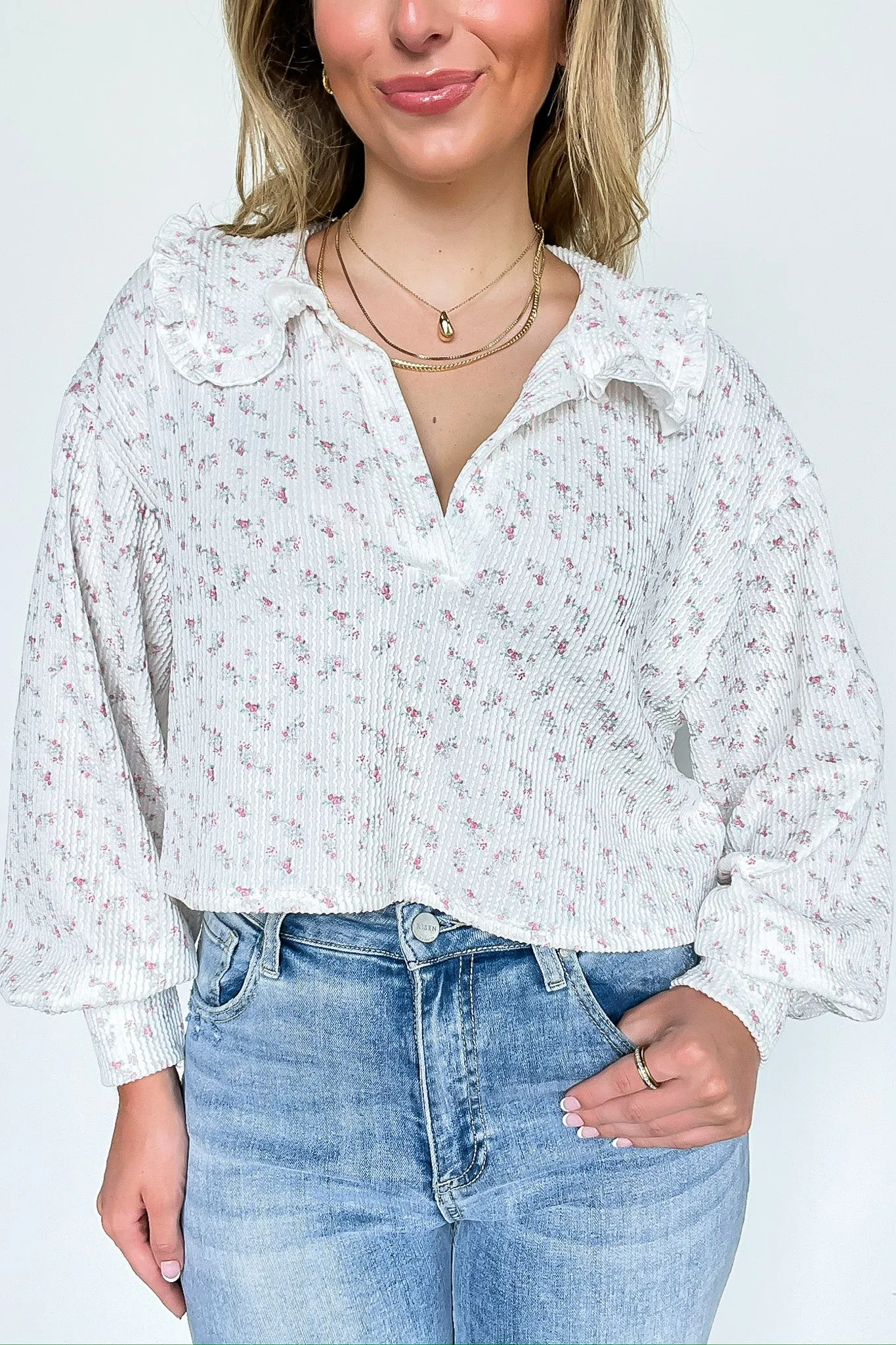 Bella Floral Printed Rib Collared Top sold by Madison + Mallory product image thumbnail 3