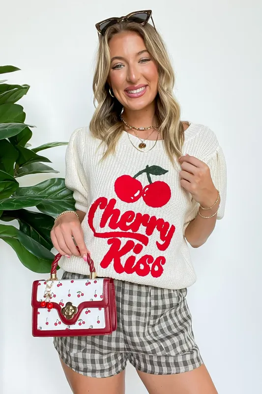Cherry Kiss Graphic Knit Bubble Sleeve Sweater sold by Madison + Mallory