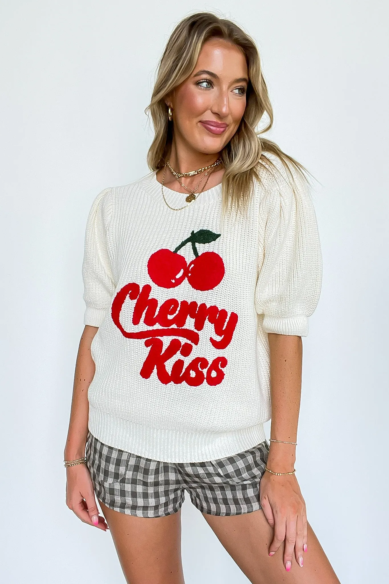 Cherry Kiss Graphic Knit Bubble Sleeve Sweater sold by Madison + Mallory product image thumbnail 2
