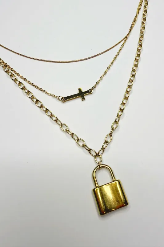 18K Divine Lock Cross Layered Necklace made by Wall to Wall