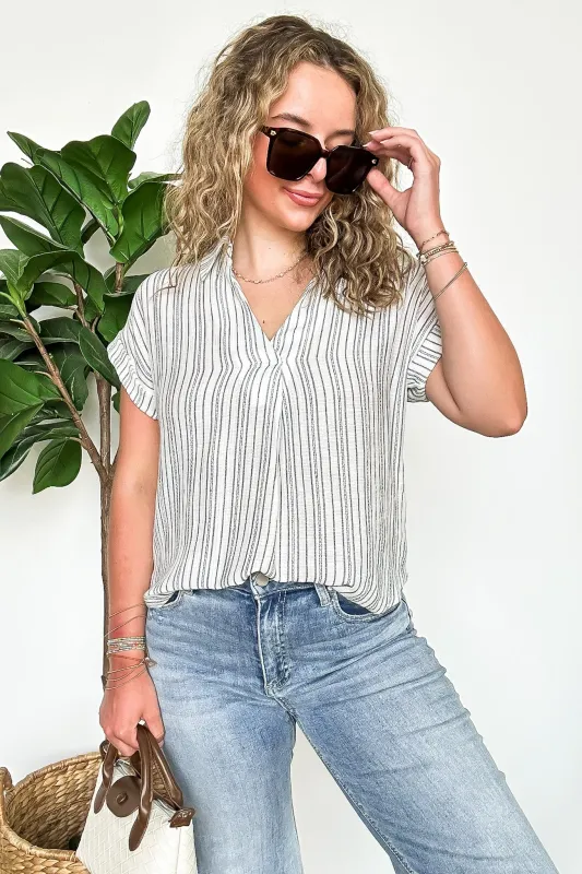 Whisper Stripe Collared Pintuck Detail Cuff Sleeve Shirt sold by Madison + Mallory