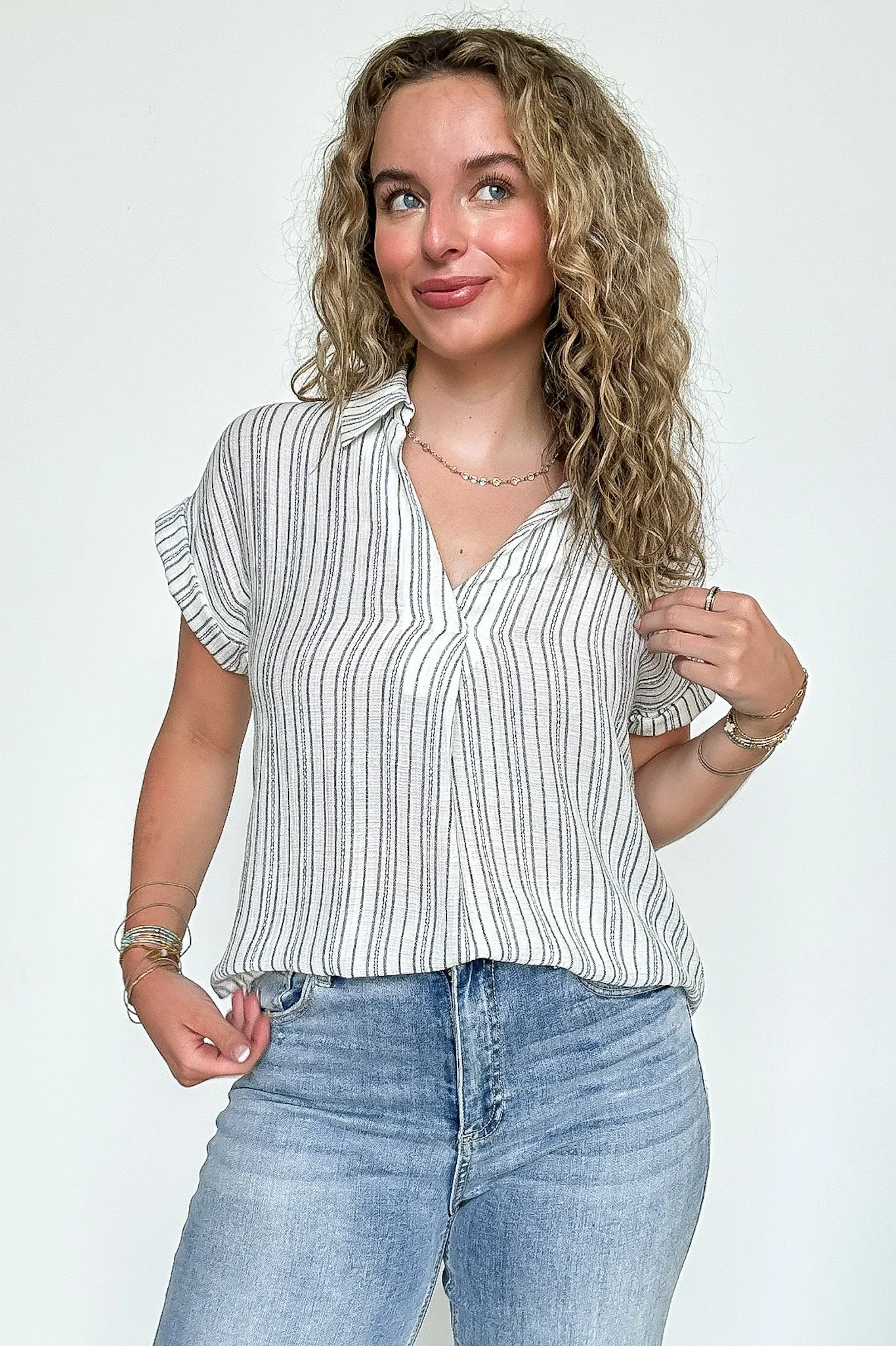 Whisper Stripe Collared Pintuck Detail Cuff Sleeve Shirt - FINAL SALE sold by Madison + Mallory product image thumbnail 3