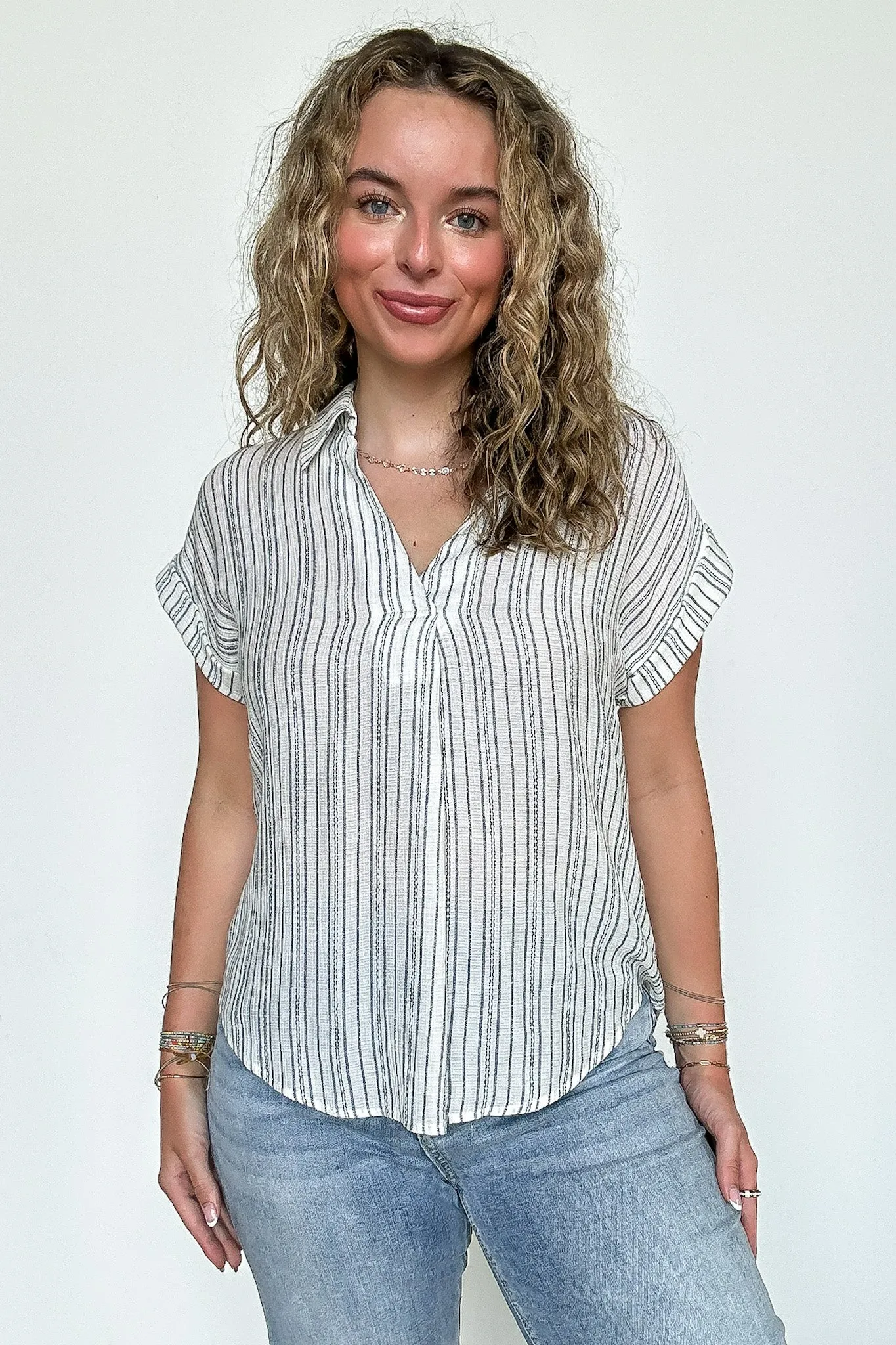 Whisper Stripe Collared Pintuck Detail Cuff Sleeve Shirt - FINAL SALE sold by Madison + Mallory product image thumbnail 5