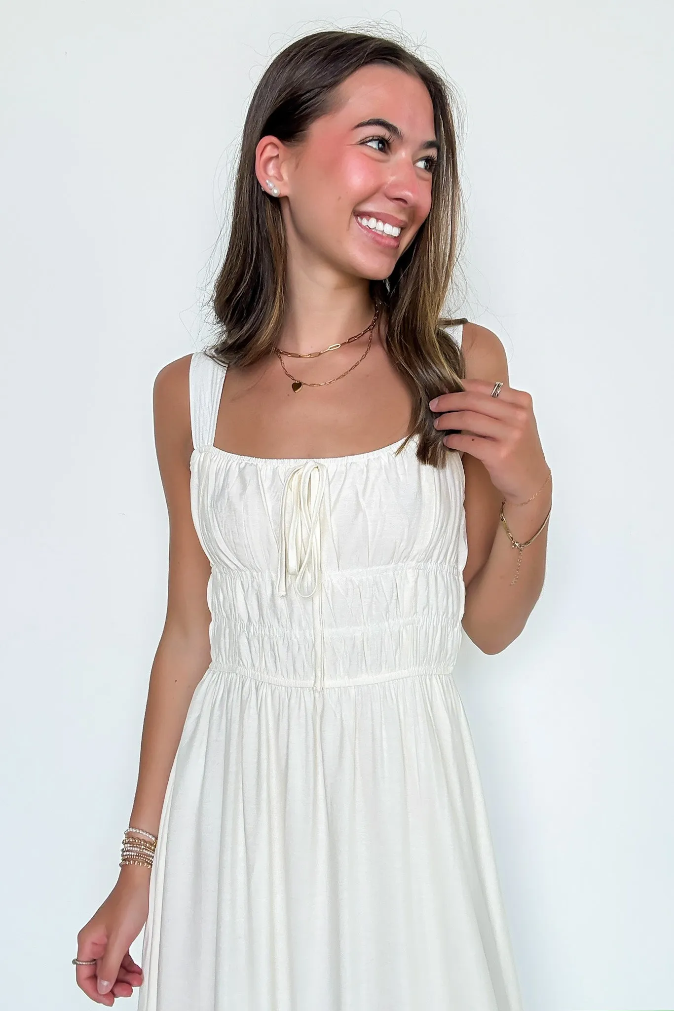 Laurelline Front Tie Sleeveless Shirred Waist Midi Dress sold by Madison + Mallory product image thumbnail 5