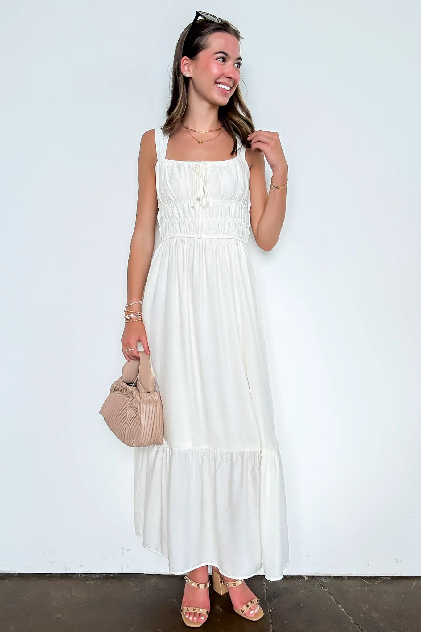 Laurelline Front Tie Sleeveless Shirred Waist Midi Dress sold by Madison + Mallory