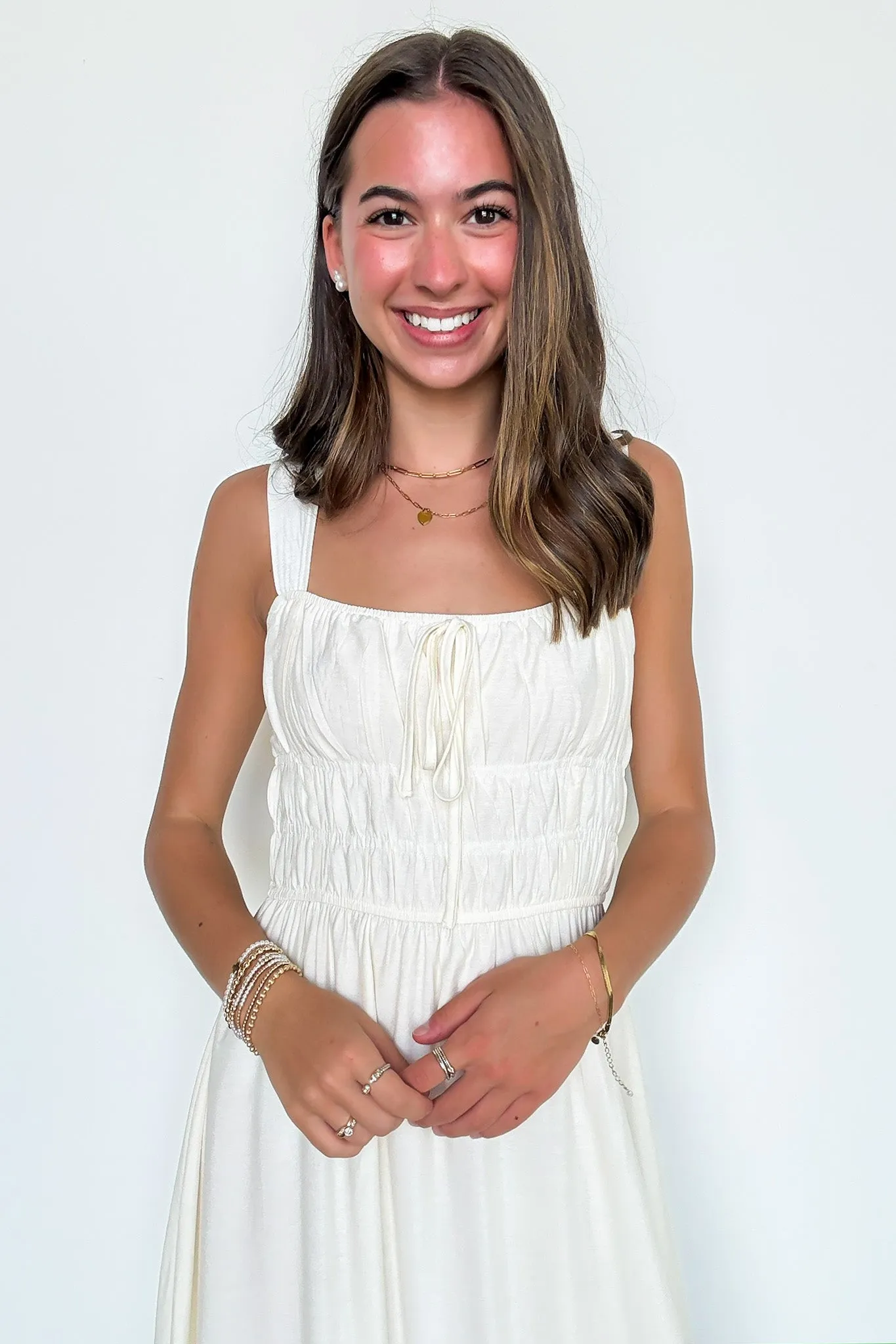 Laurelline Front Tie Sleeveless Shirred Waist Midi Dress sold by Madison + Mallory product image thumbnail 2