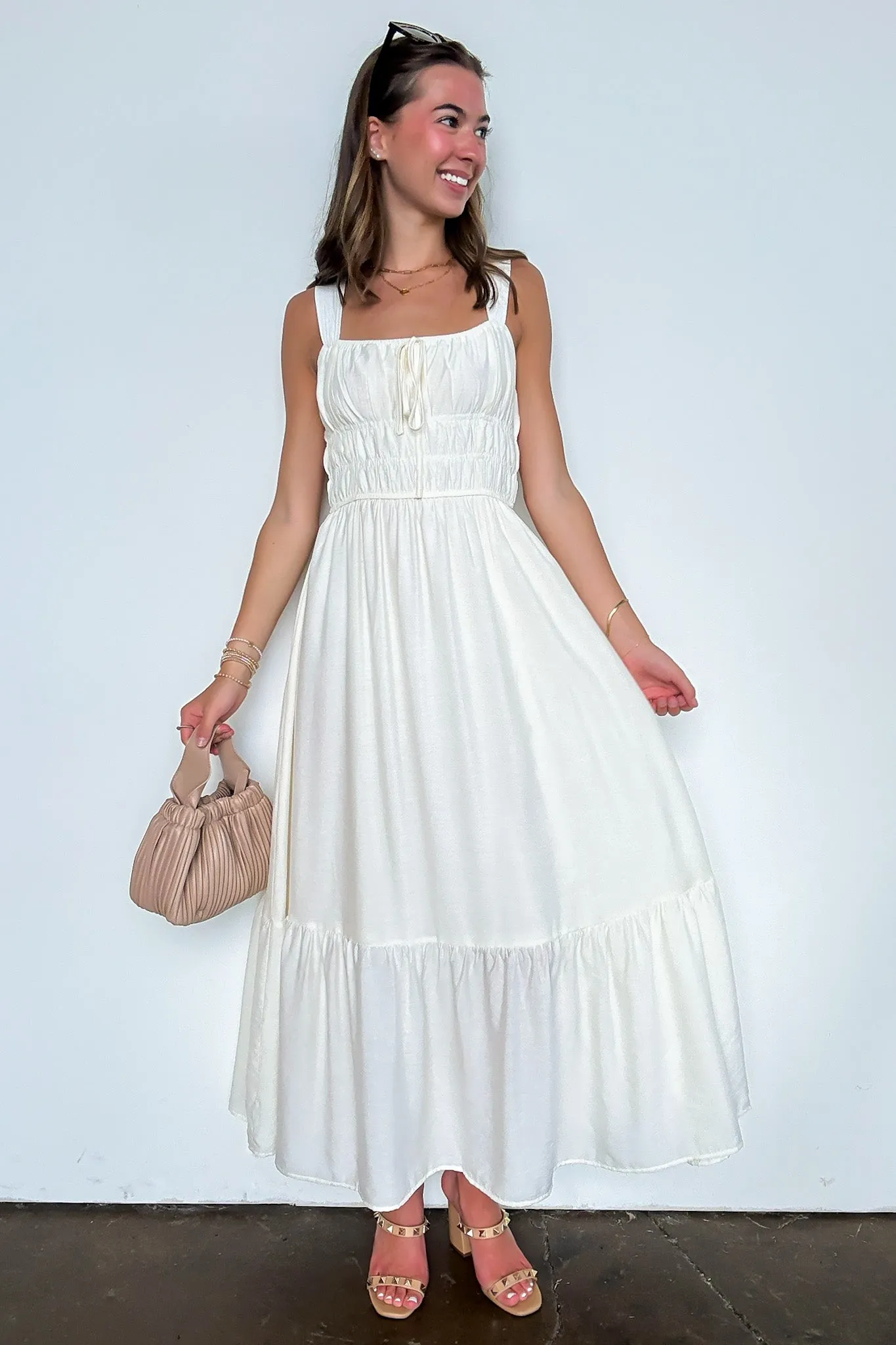 Laurelline Front Tie Sleeveless Shirred Waist Midi Dress sold by Madison + Mallory product image thumbnail 3