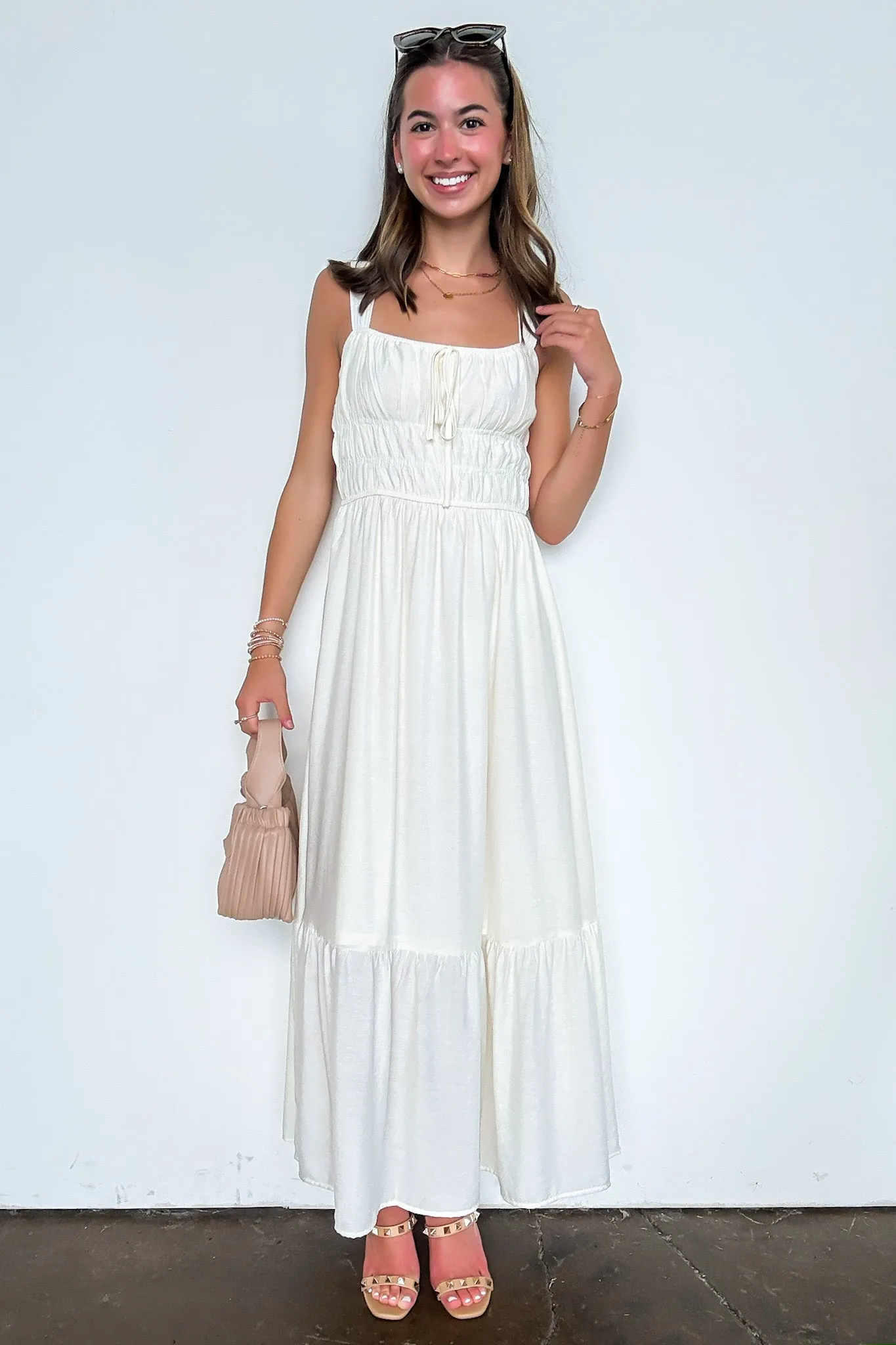 Laurelline Front Tie Sleeveless Shirred Waist Midi Dress sold by Madison + Mallory product image thumbnail 4