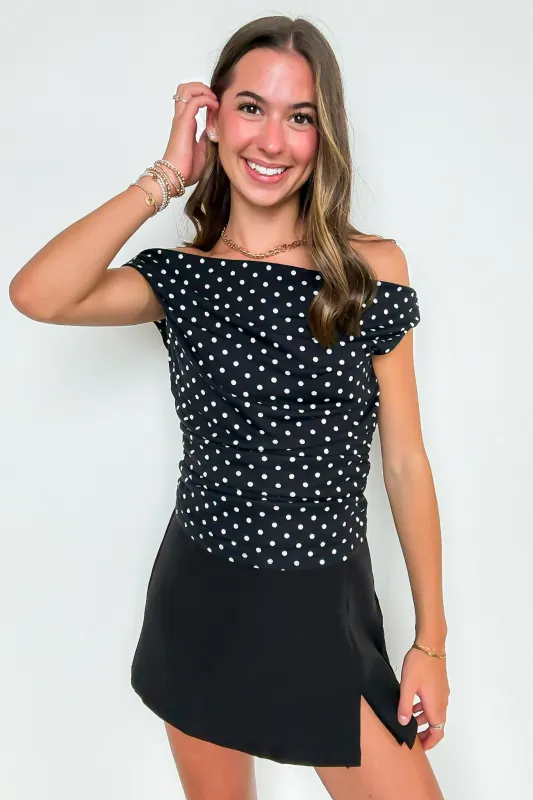 Flirt Dot Off Shoulder Ruched Top sold by Madison + Mallory