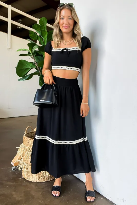 Midnight Lace Contrast Trim Smocked Waist Midi Skirt and Top Set - FINAL SALE sold by Madison + Mallory