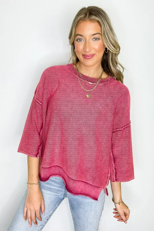 Cozy Fade Washed 3/4 Sleeve Relaxed Sweater sold by Madison + Mallory