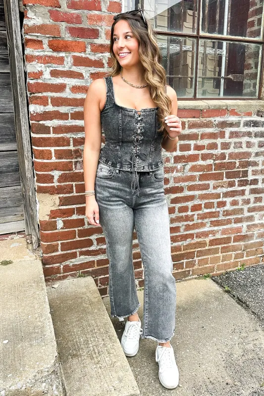 Denim Daze Lace Up Front Sleeveless Denim Top sold by Madison + Mallory