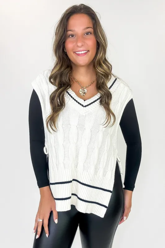 Cable Core Relaxed Fit V-neck Cable Knit Sweater Vest sold by Madison + Mallory