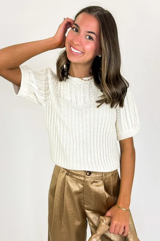 Knit Charm Round Neck Puff Short Sleeve Cable Sweater sold by Madison + Mallory