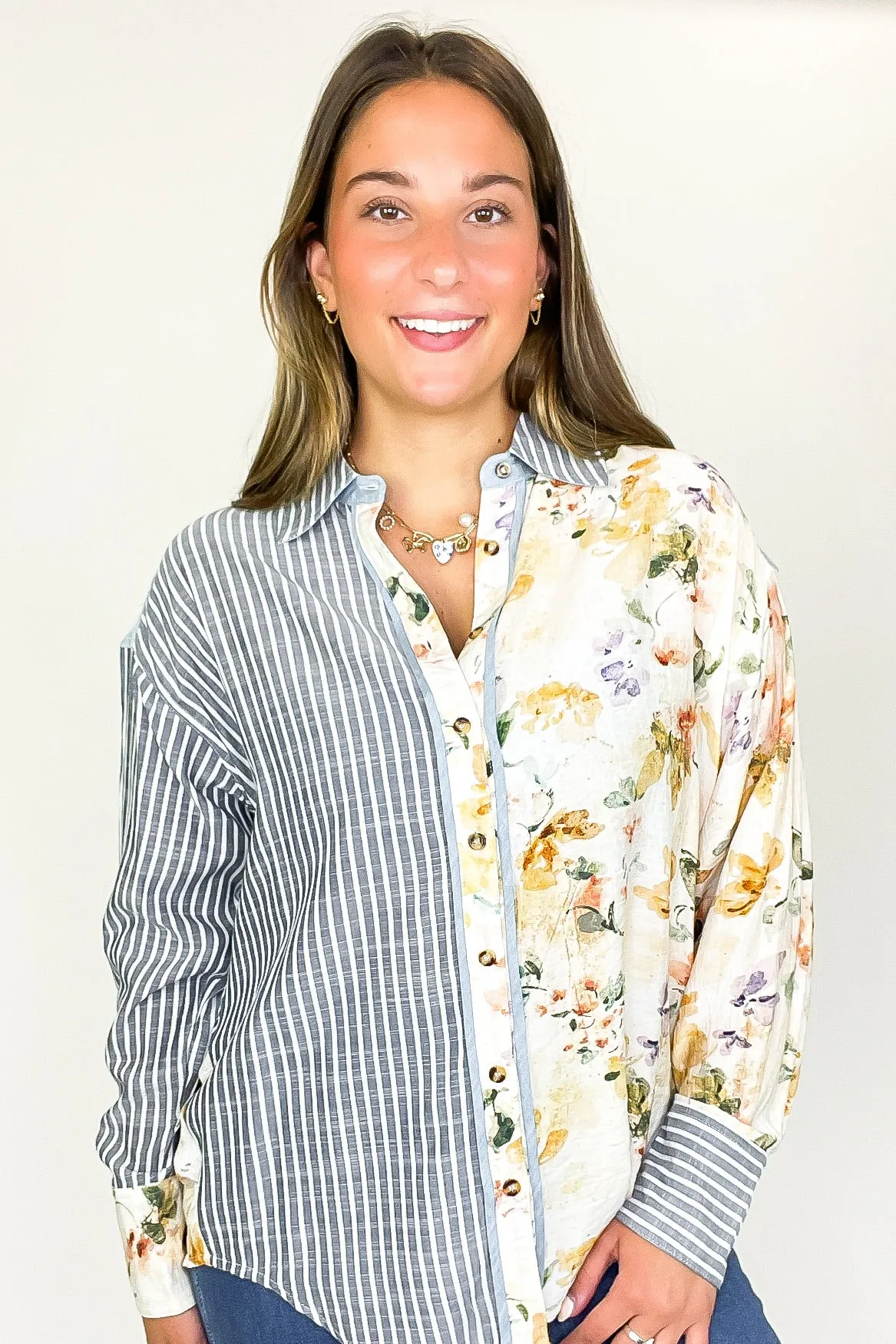 Garden Lines Relaxed Fit Long Sleeve Striped And Floral Top sold by Madison + Mallory product image thumbnail 5