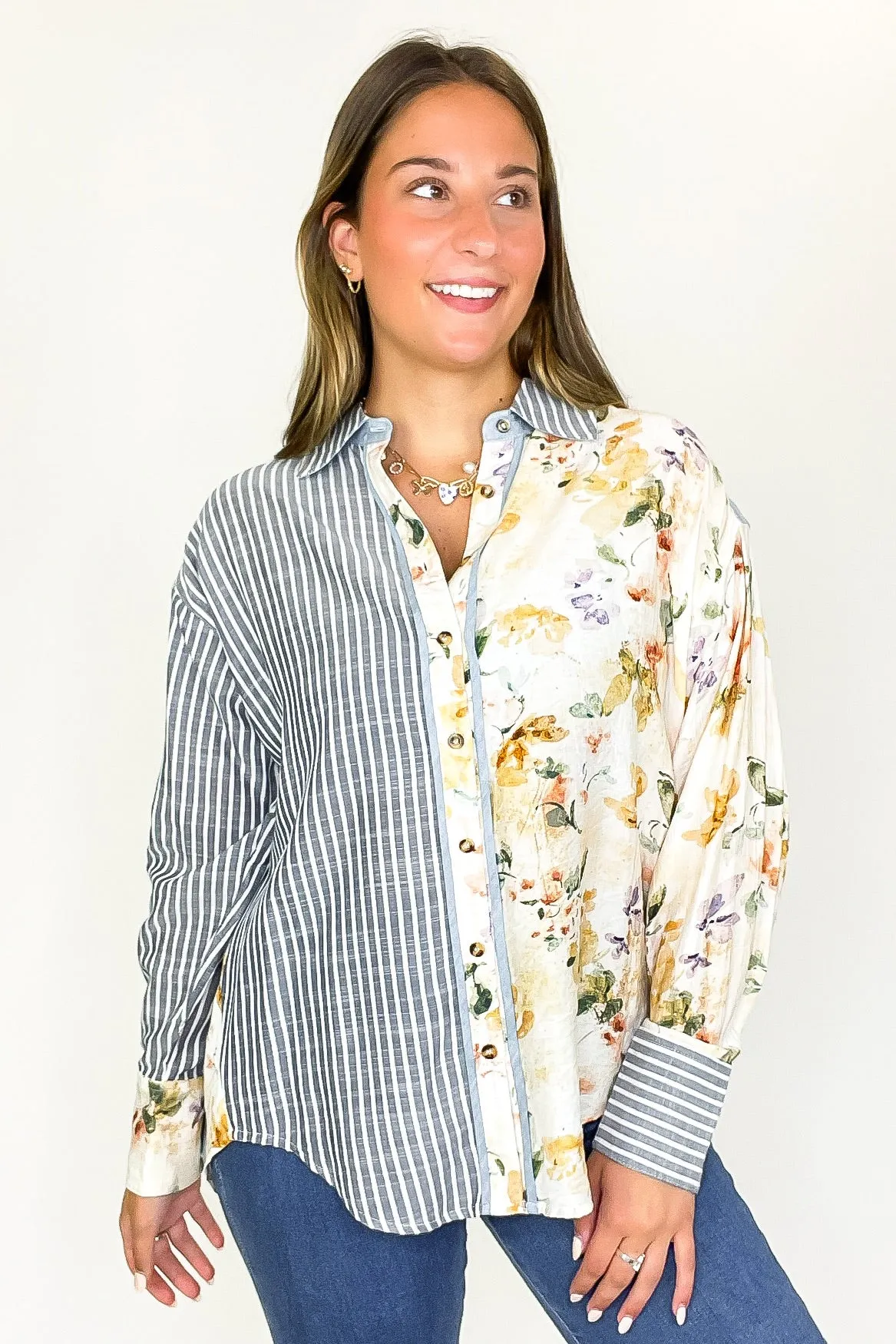 Garden Lines Relaxed Fit Long Sleeve Striped And Floral Top sold by Madison + Mallory product image thumbnail 2