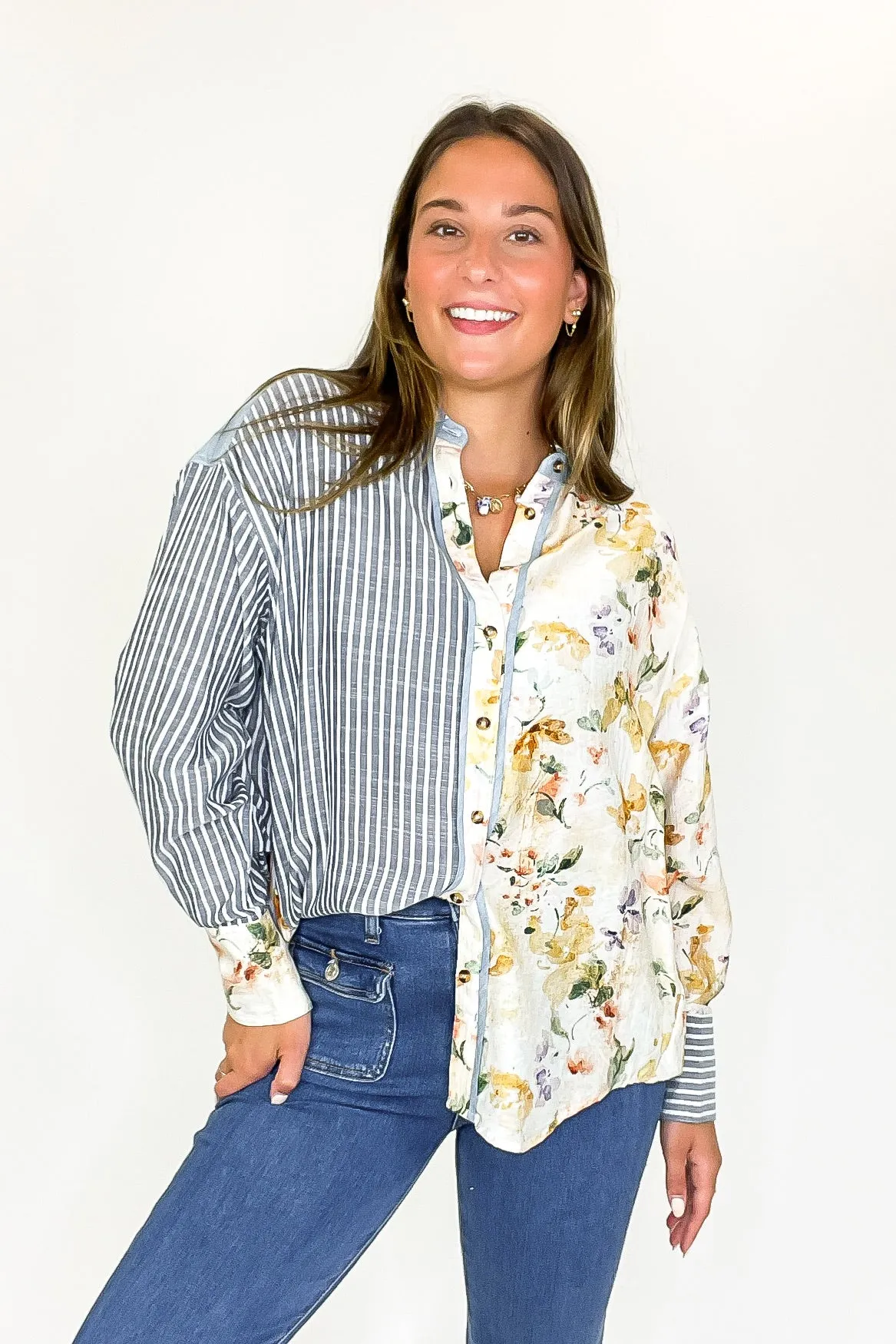 Garden Lines Relaxed Fit Long Sleeve Striped And Floral Top sold by Madison + Mallory product image thumbnail 4