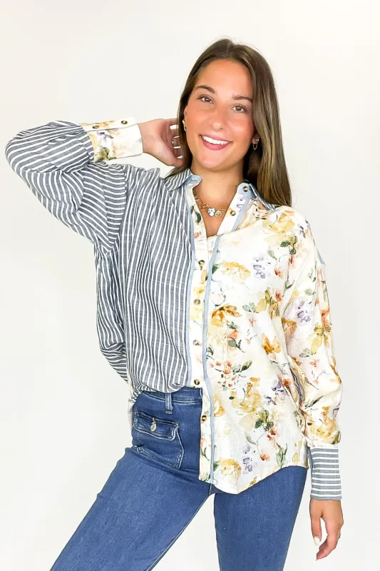 Garden Lines Relaxed Fit Long Sleeve Striped And Floral Top sold by Madison + Mallory