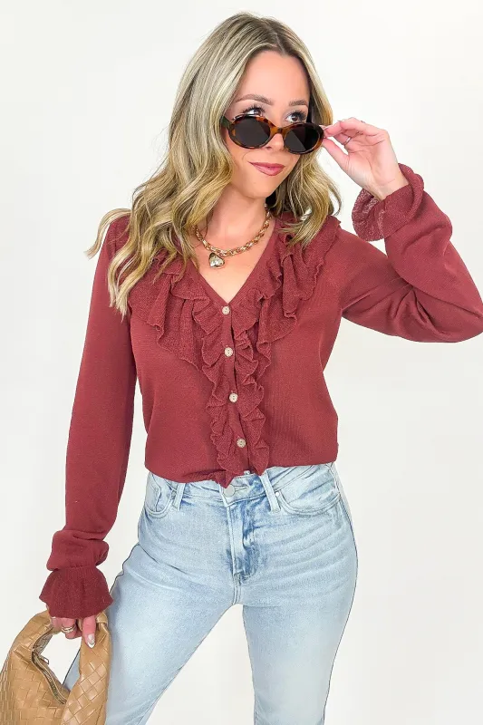 Ruffle Whisper Contrast Fine Gauge Button Front Top sold by Madison + Mallory