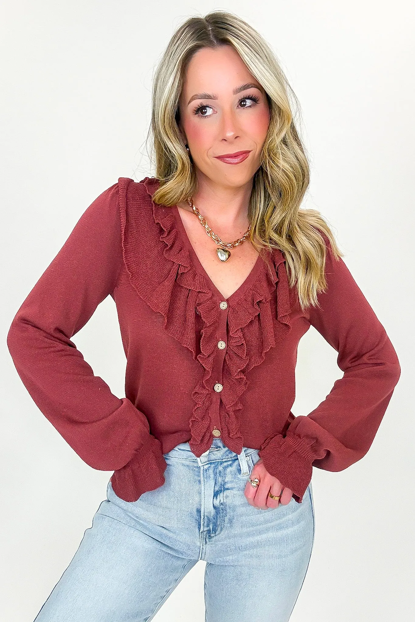 Ruffle Whisper Contrast Fine Gauge Button Front Top sold by Madison + Mallory product image thumbnail 4